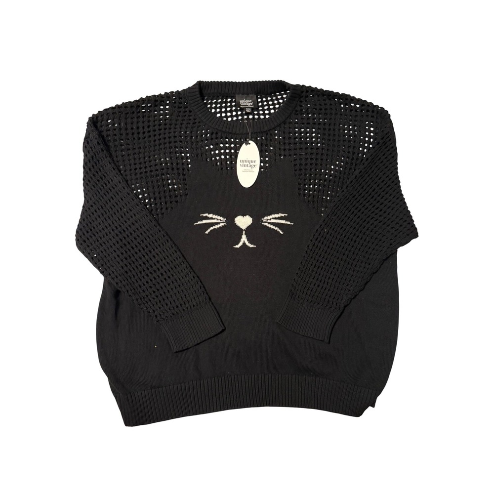 Unique Vintage Black Cat Face Mesh Open Knit Sweater‎ jumper Womens 4X/5X NEW